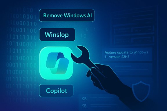 Blue digital illustration showing a hand with a wrench removing Windows AI (Copilot).