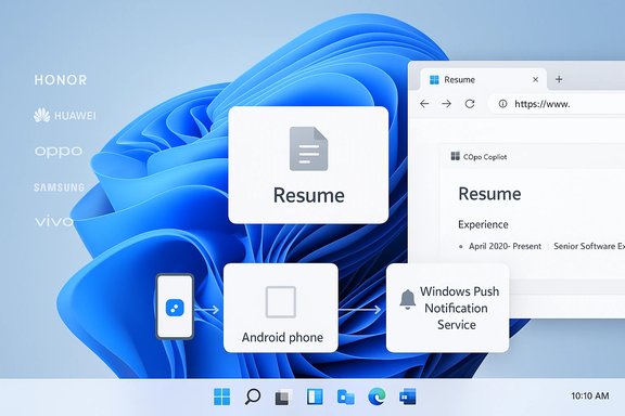 Blue abstract background showing a Resume icon with cross‑device icons (Android, Windows) and brand logos.
