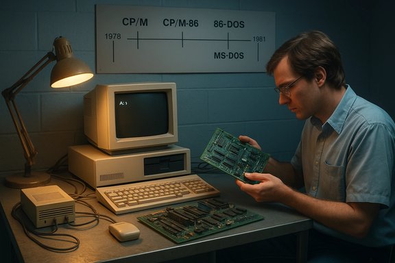 Man in a blue shirt inspects a vintage computer circuit board beside an early PC.