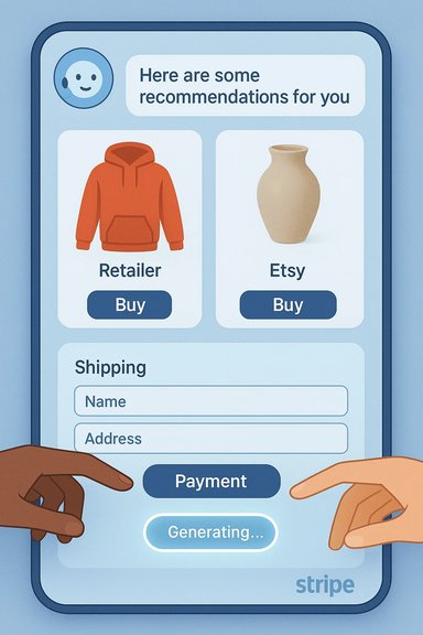 Mobile Stripe checkout UI showing recommended items (hoodie and vase) with shipping form.