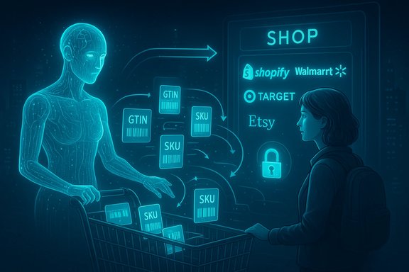 A holographic humanoid pushes a cart of SKUs as data flows toward a shop interface.