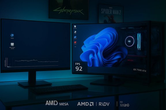 Blue-toned gaming desk with dual monitors, an RGB-lit PC, and an FPS 92 badge.
