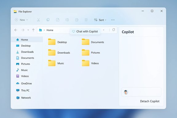 Windows File Explorer with Copilot chat and yellow folders (Desktop, Documents, Downloads, Pictures, Music, Videos). Windows File Explorer with Copilot chat and yellow folders (Desktop, Documents, Downloads, Pictures, Music, Videos).