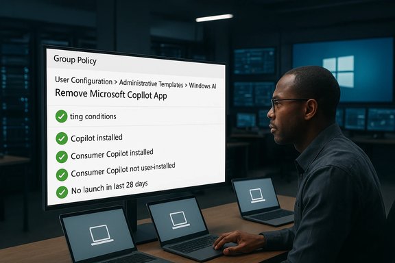 An IT professional reviews a Group Policy screen to remove the Microsoft Copilot App.