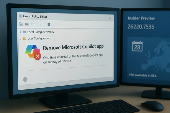 Group Policy Editor shows “Remove Microsoft Copilot app” with a one-time uninstall option for managed devices.