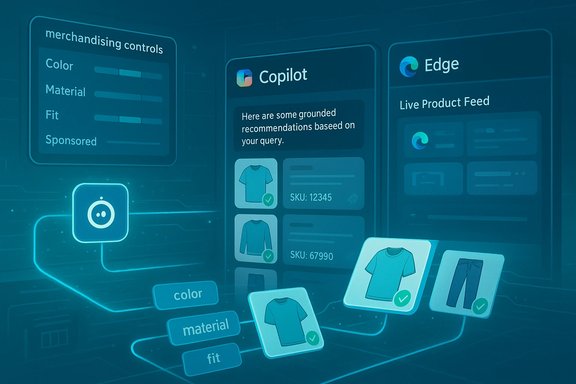 Futuristic dashboard showing merchandising controls, Copilot recommendations, and a live product feed.