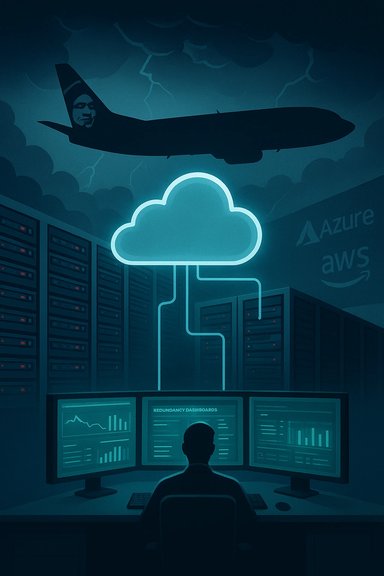 A data center operator monitors cloud infrastructure (AWS/Azure) under stormy skies with a plane overhead.