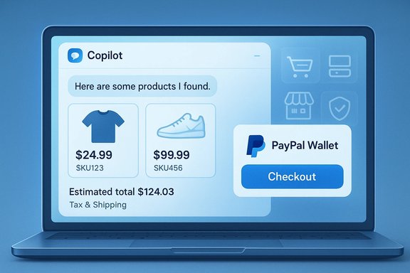 A laptop displays a Copilot shopping UI with product cards and a PayPal Checkout prompt.