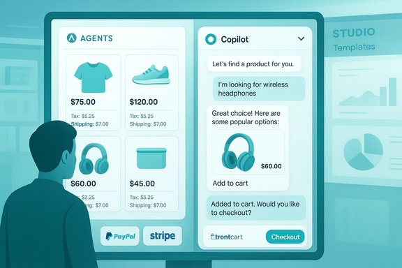 A person stands before a teal two-panel e-commerce screen showing product cards and a chat assistant.