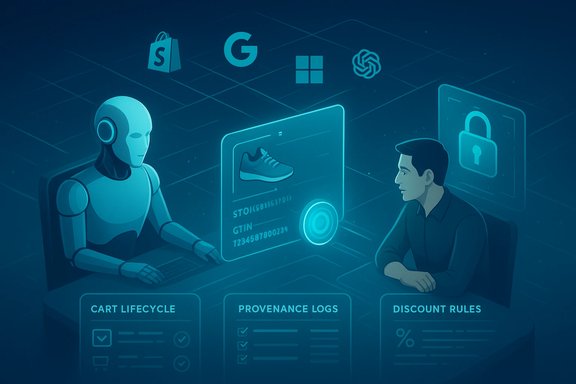 A humanoid robot and a man review secure e-commerce data on holographic dashboards.