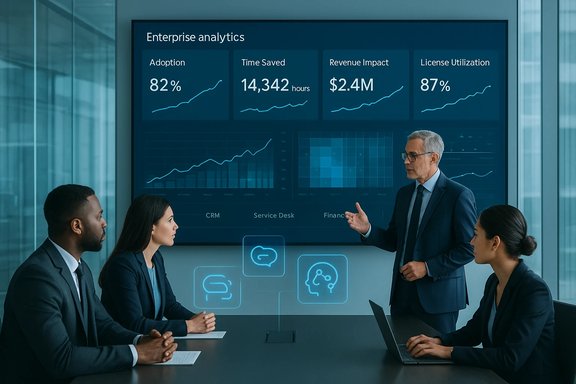 Team presents enterprise analytics metrics on a large dashboard during a boardroom briefing.