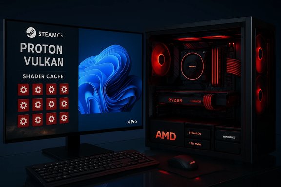 Dark gaming PC with red-lit internals and a monitor showcasing Proton Vulkan shader cache.