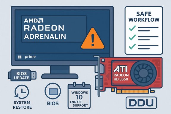 Cartoon AMD Radeon Adrenalin GPU with BIOS update, system tools, DDU, and Windows 10 end-of-support note. Cartoon AMD Radeon Adrenalin GPU with BIOS update, system tools, DDU, and Windows 10 end-of-support note.