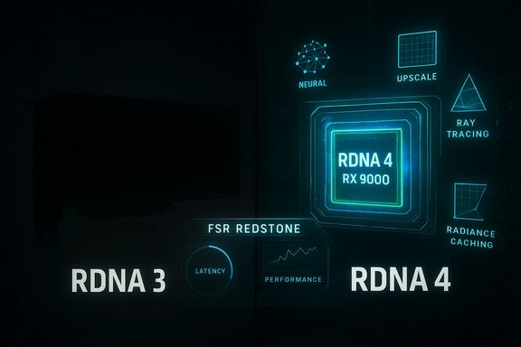 A futuristic UI panel advertising RDNA 4 RX 9000 with neural processing, ray tracing, and upscaling.