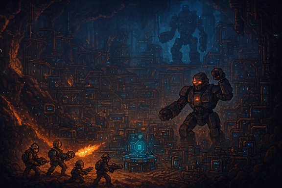 Pixel-art battle scene: a towering armored mech faces a squad in a neon-blue cavern.