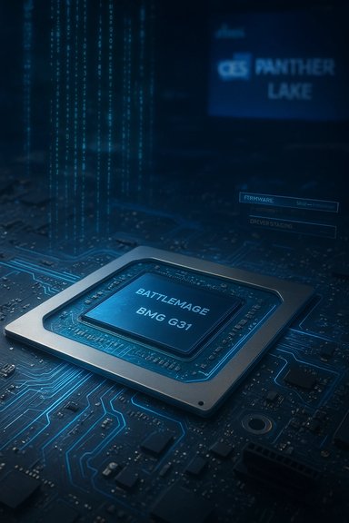 Close-up of a blue-lit motherboard with a processor labeled BATTLEMAGE BMG G31 and holographic UI.