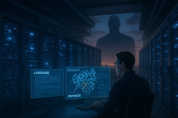 A researcher in a dim server room studies blue holographic screens on language, biology, and physics.