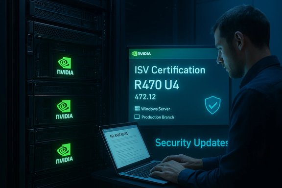 A technician works in a data center beside Nvidia-branded servers, reviewing an ISV certification display.