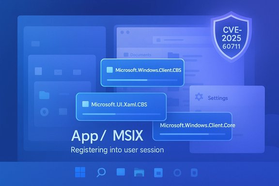 Blue security-themed illustration of Windows MSIX app registration and components, with a CVE-2025-60711 shield.