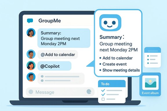 GroupMe chat on a laptop shows a meeting summary with actions to calendar and event details.