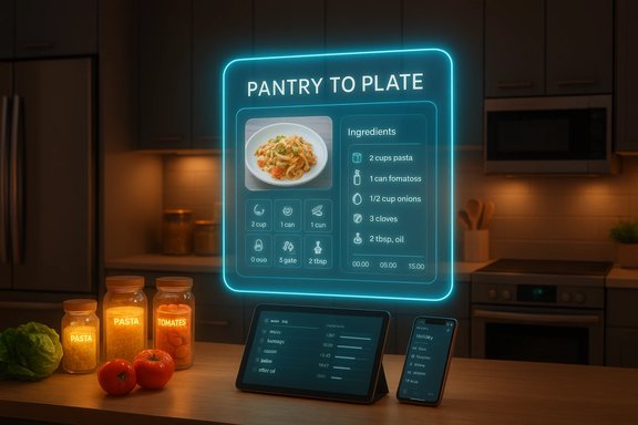 A futuristic kitchen with a glowing holographic 'Pantry to Plate' recipe display.