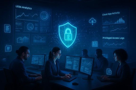 Cybersecurity analysts monitor dashboards on a blue holographic wall featuring a glowing shield.