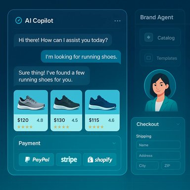 AI Copilot chat shows shoe recommendations with prices and payment options. AI Copilot chat shows shoe recommendations with prices and payment options.
