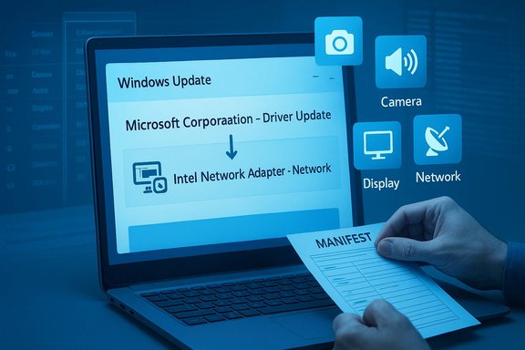 Laptop shows Windows Update: Intel Network Adapter driver update; a hand holds a manifest.