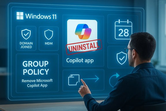 A person reviews a Windows 11 dashboard showing Copilot app uninstall and policy icons.