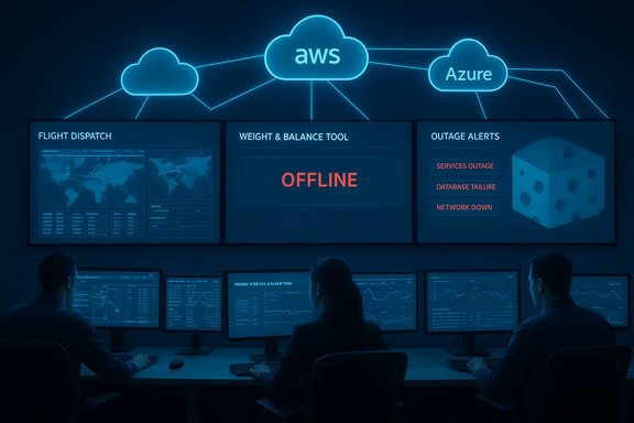 A high-tech operations center with large wall screens displaying AWS/Azure dashboards.
