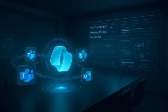 A futuristic conference room with holographic Teams and Office icons orbiting a glowing central hub.