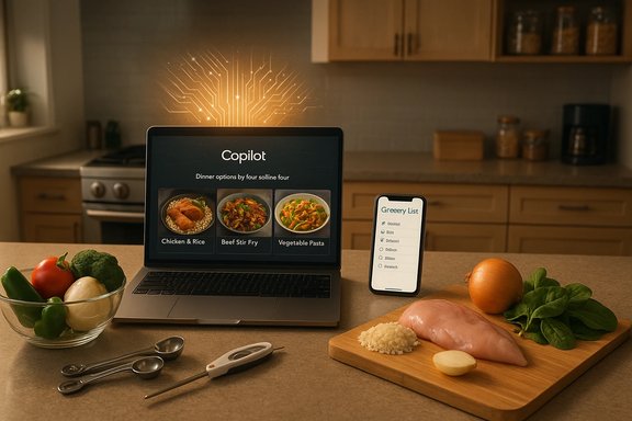 A kitchen counter with a laptop showing Copilot dinner options and a phone beside fresh ingredients.