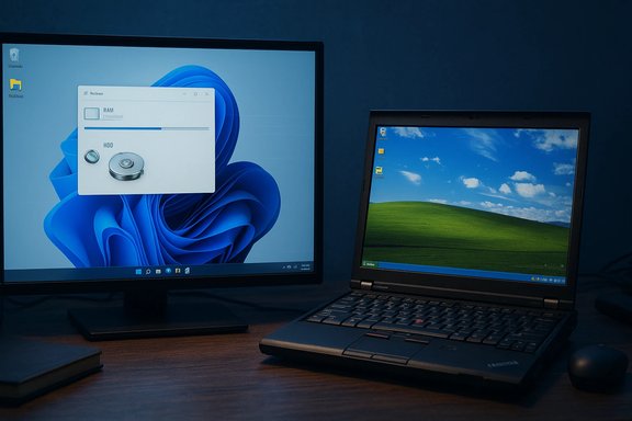 Desk setup with a large Windows 11 monitor beside a laptop running Windows XP.
