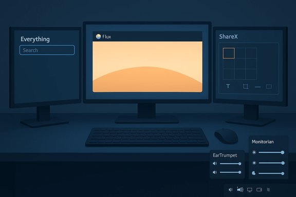 Three-monitor desktop with Flux wallpaper and side panels labeled Everything and ShareX, plus system controls.