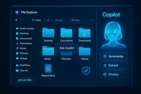A neon blue holographic OS UI showing a File Explorer with a Copilot panel on the right.