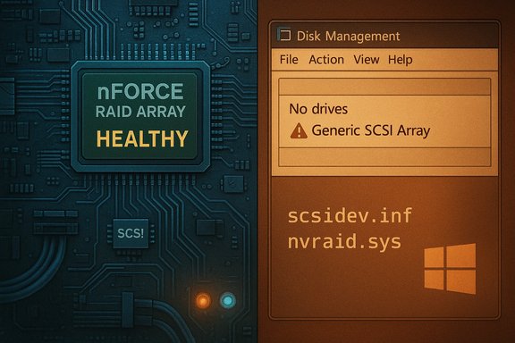 Healthy nFORCE RAID array chip beside a Disk Management window showing no drives.