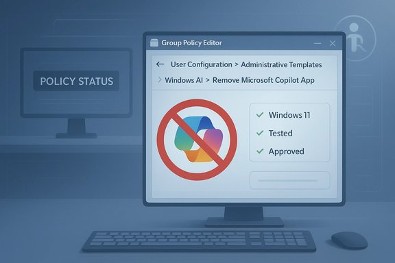 Group Policy Editor shows policy to remove Microsoft Copilot from Windows 11, with a red crossed-out Copilot logo.