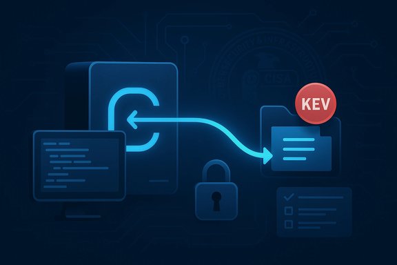 Stylized digital security scene showing data transfer to a KEV folder.