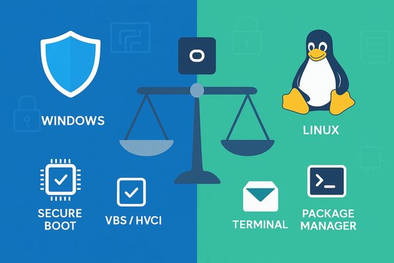 Split Windows/Linux graphic balancing security: Secure Boot, VBS/HVCI vs Terminal, Package Manager.