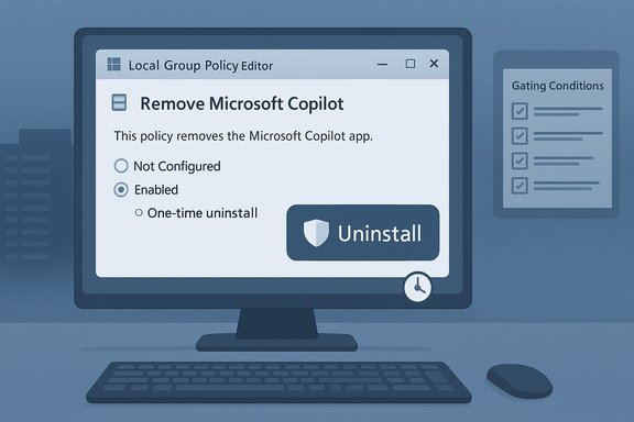 Blue-toned desktop screen showing a policy editor to remove Microsoft Copilot with an Uninstall button.