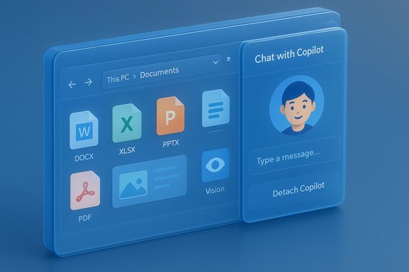 Blue 3D UI split: document icons on the left and a Copilot chat on the right. Blue 3D UI split: document icons on the left and a Copilot chat on the right.
