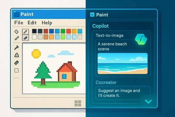 Split-screen: pixel-art Paint on the left, Copilot text-to-image panel on the right.