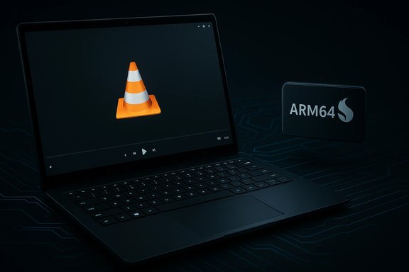 A sleek laptop shows the VLC cone on screen, beside an ARM64 logo.