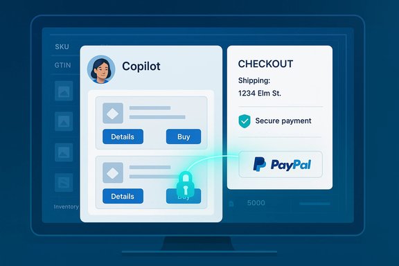 Blue UI on a monitor showing a Copilot card with Details and Buy, plus a PayPal checkout.