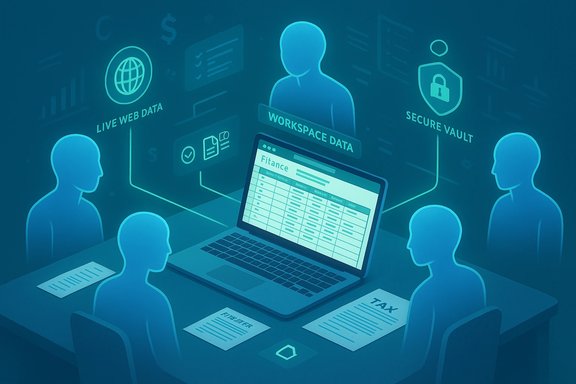 A team sits around a laptop, sharing workspace and live web data in a secure vault setup.