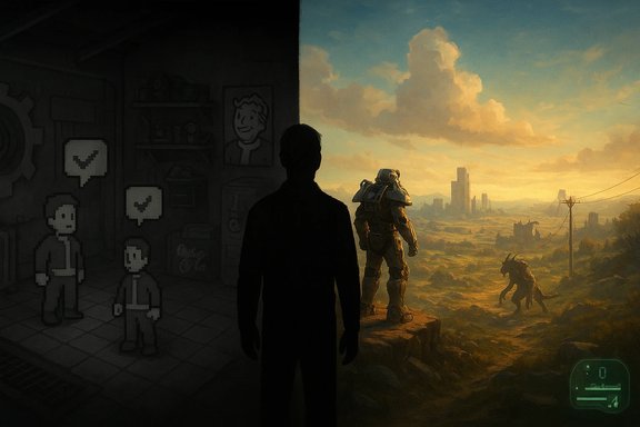 A lone silhouette stands at the boundary between a dark pixel-world and a sunlit post-apocalyptic landscape.