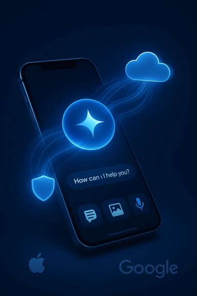 A neon-blue smartphone screen shows an AI assistant with cloud and security icons.