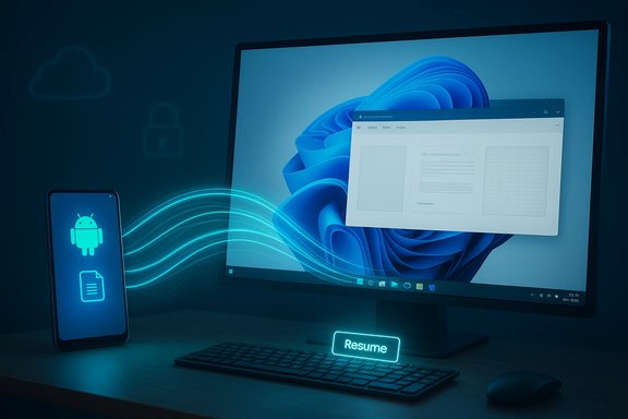 Futuristic desk with a glowing 'Resume' prompt, syncing from Android phone to a large monitor.
