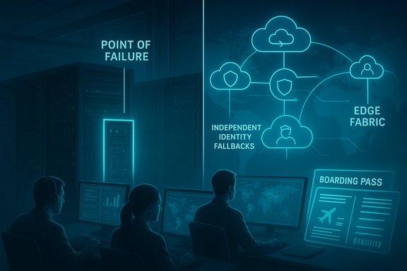 A data-center command room displays a glowing cloud-network diagram labeled Point of Failure and Edge Fabric.