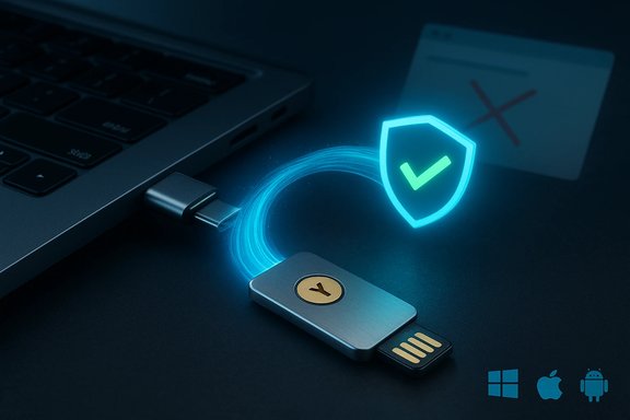 USB drive near a glowing shield with a check mark, symbolizing data security across Windows, macOS, and Android.